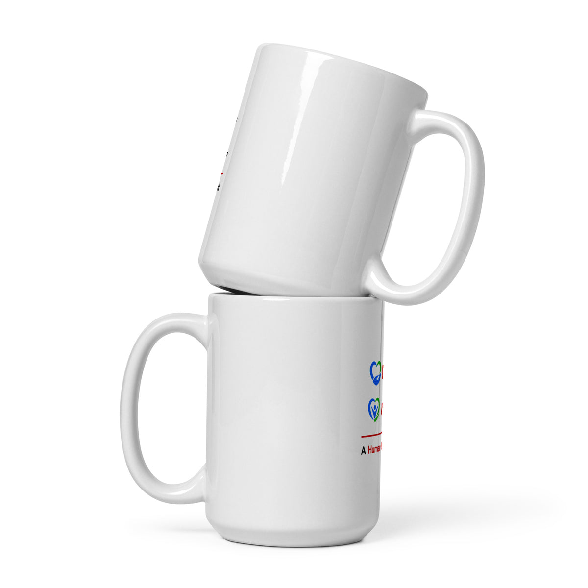 Two white mugs with text on a white background