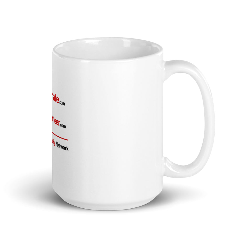 A white ceramic coffee mug with a printed graphic featuring the Donate.com and Volunteer logos - A Human Empathy Network