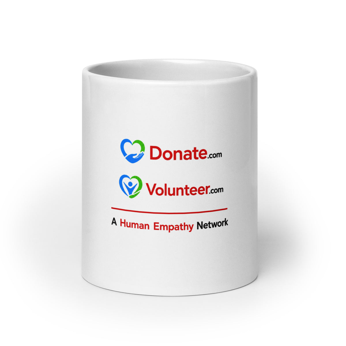 A white ceramic coffee mug with a printed graphic featuring the Donate.com and Volunteer logos - A Human Empathy Network