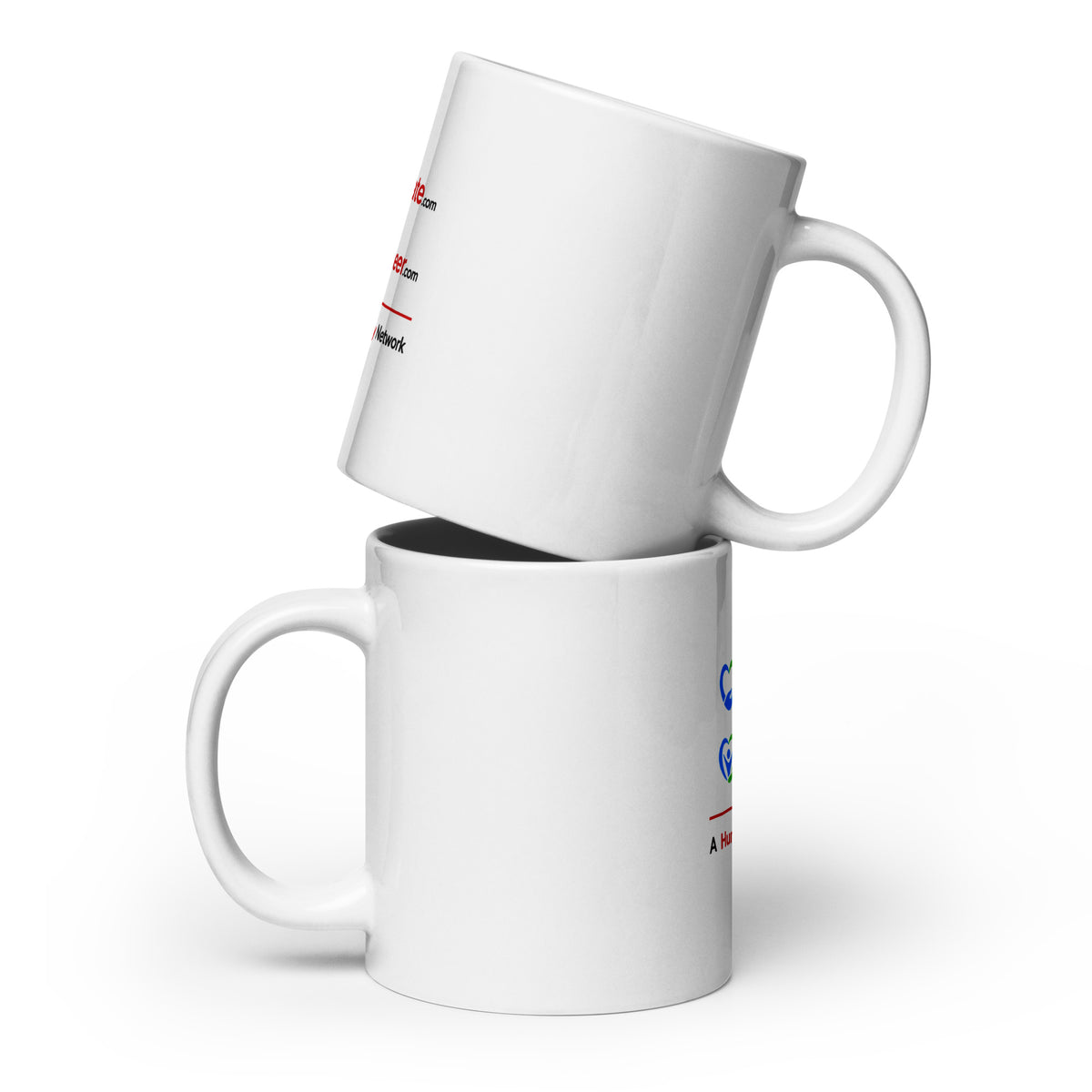 Two white mugs with text on a white background