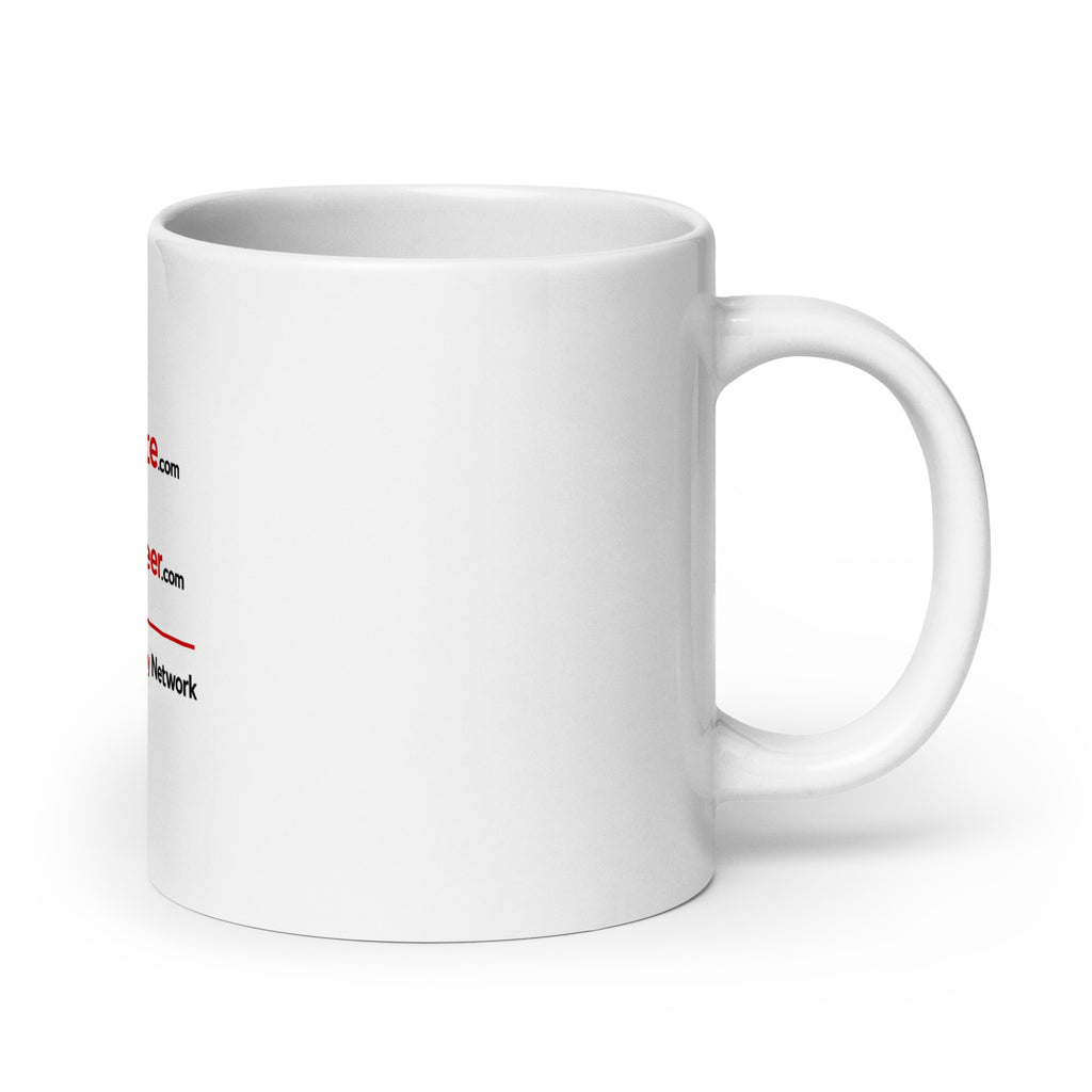 A white ceramic coffee mug with a printed graphic featuring the Donate.com and Volunteer logos - A Human Empathy Network
