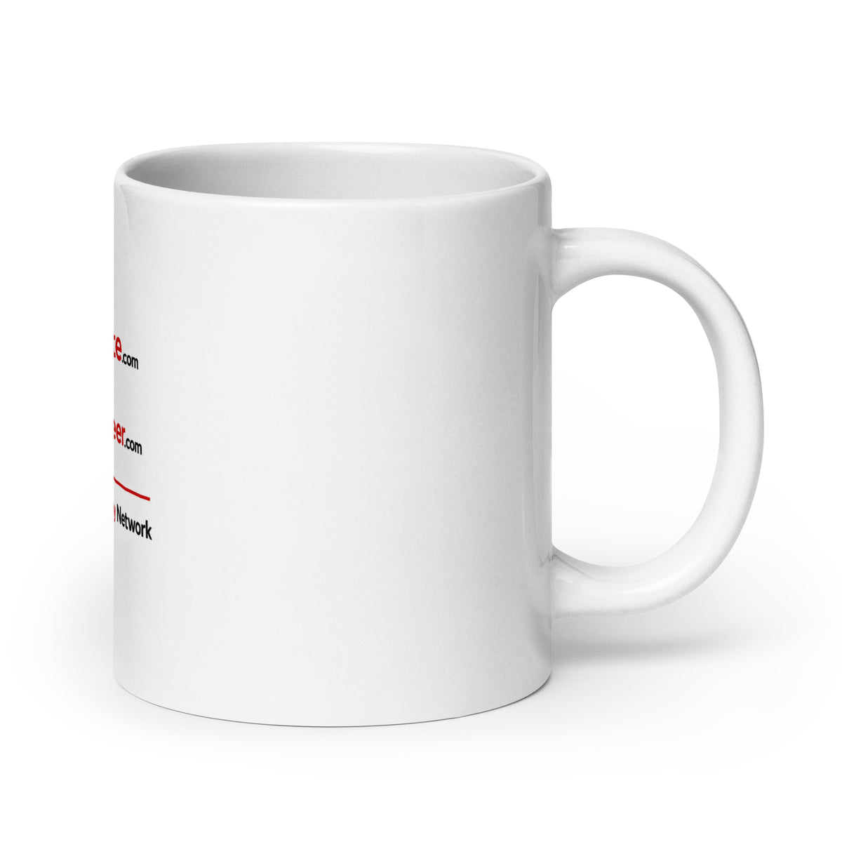A white ceramic coffee mug with a printed graphic featuring the Donate.com and Volunteer logos - A Human Empathy Network